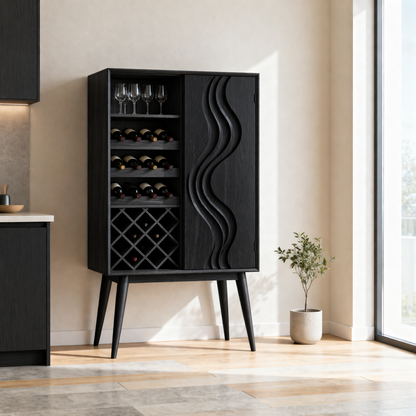 Solid Wood Wine Cabinet with Wave Carved Door and Bottle Storage Rack
