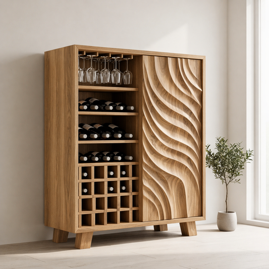 Solid Wood Wine Cabinet with Sculpted Wave Door and Bottle Storage