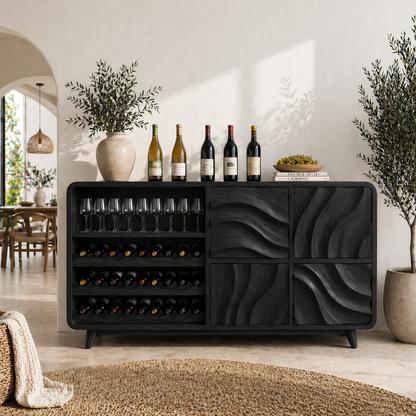 Solid Wood Wine Sideboard with Wave Carved Doors and Open Bottle Storage