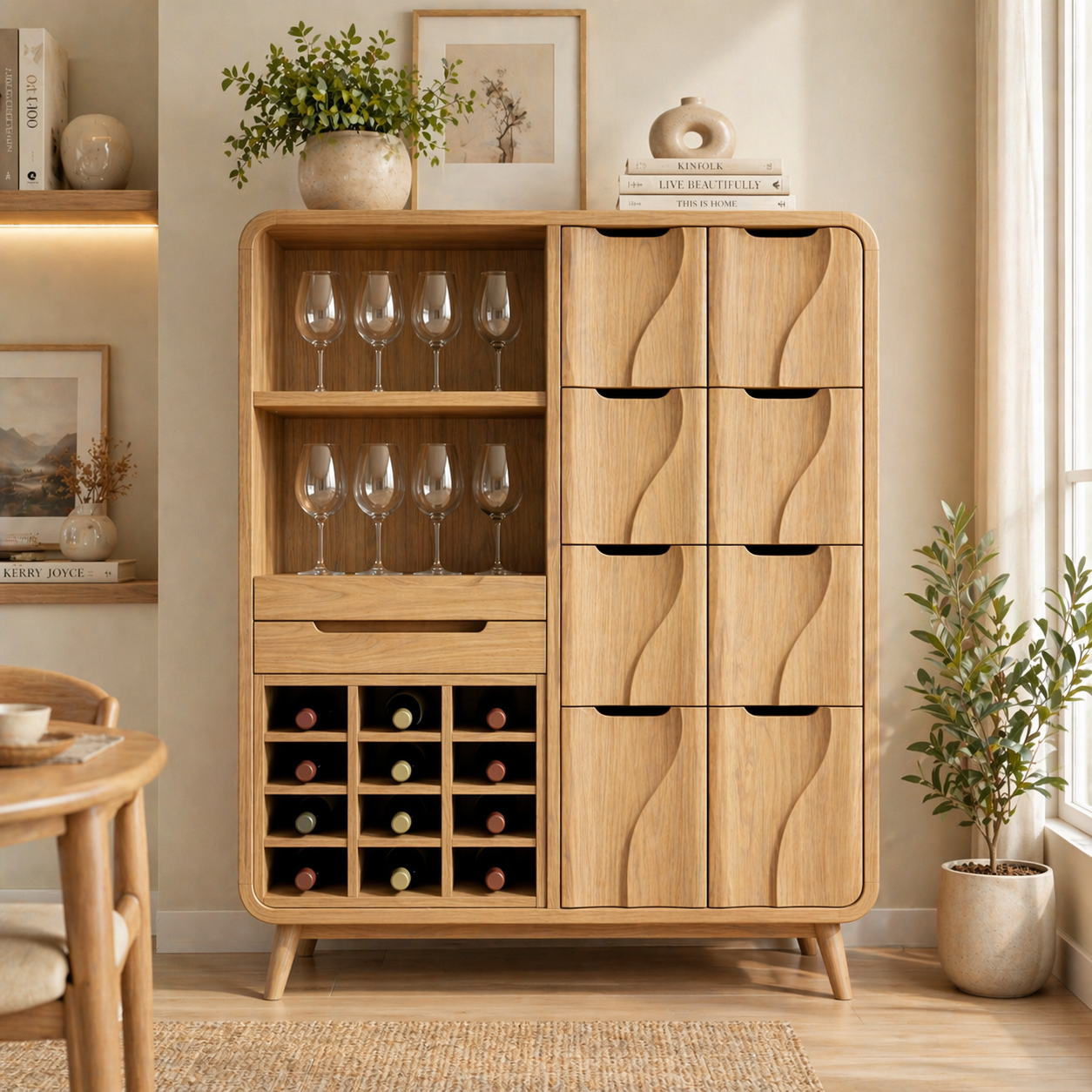 Solid Wood Wine Cabinet with Wave Carved Drawers and Glassware Storage