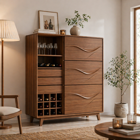 Solid Wood Wine Cabinet with Wave Carved Drawers and Bottle Storage