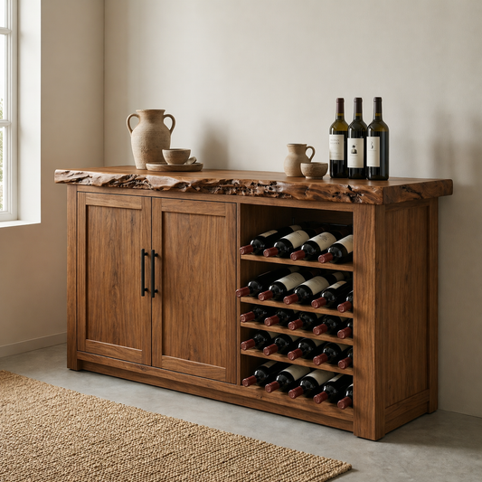 Solid Wood Wine Cabinet with Live Edge Top and Built-In Bottle Rack