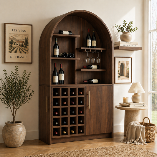 Solid Wood Wine Cabinet with Arched Display Shelves and Bottle Storage