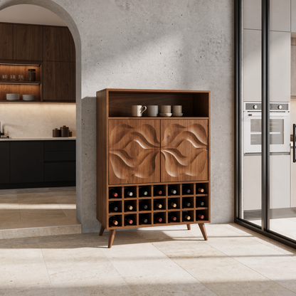 Solid Wood Wine Cabinet with Carved Doors and Grid Bottle Storage