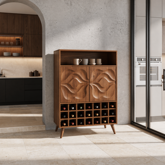 Solid Wood Wine Cabinet with Carved Doors and Grid Bottle Storage