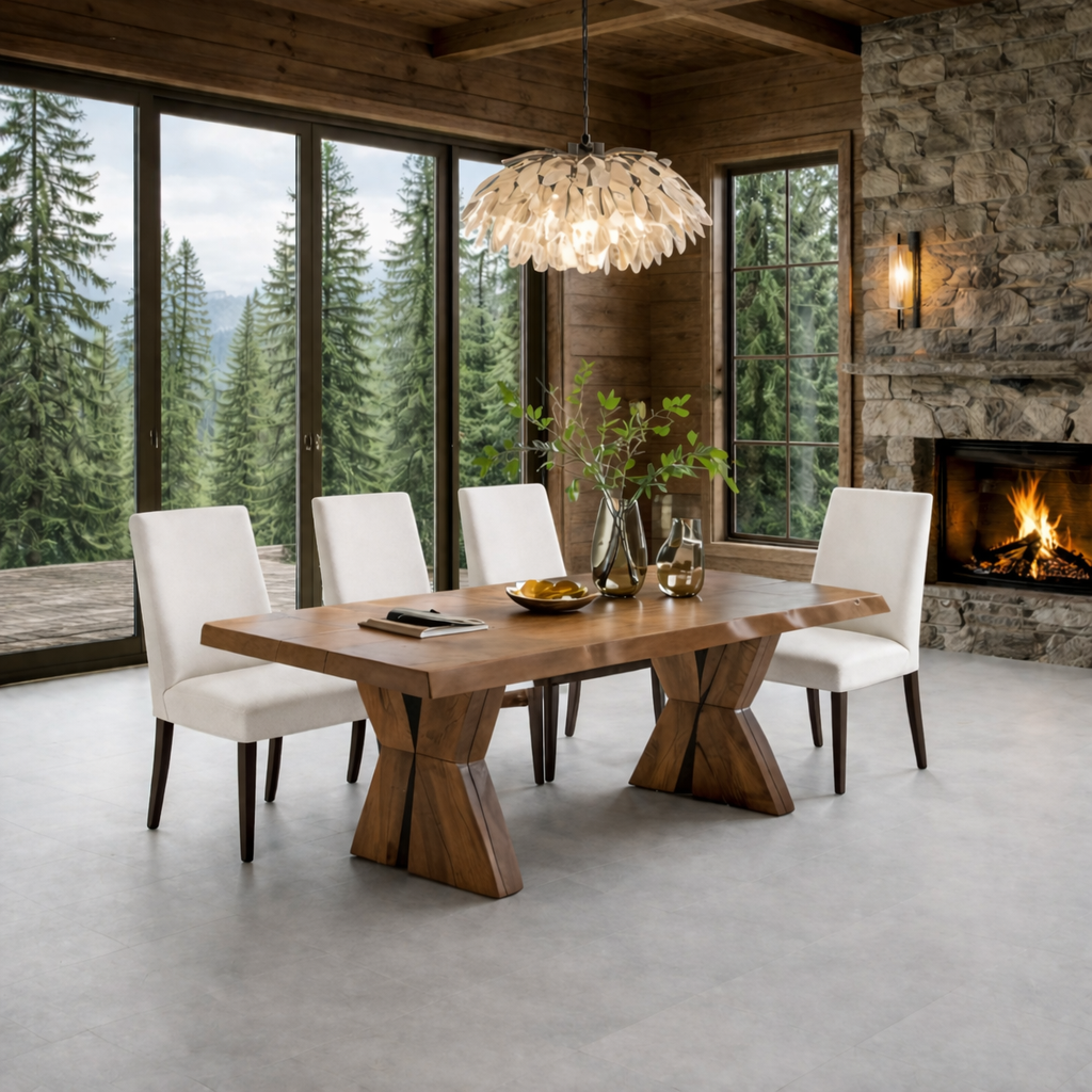 Solid Wood Dining Table with Sculptural Pedestal Base – Rustic Modern Dining Table
