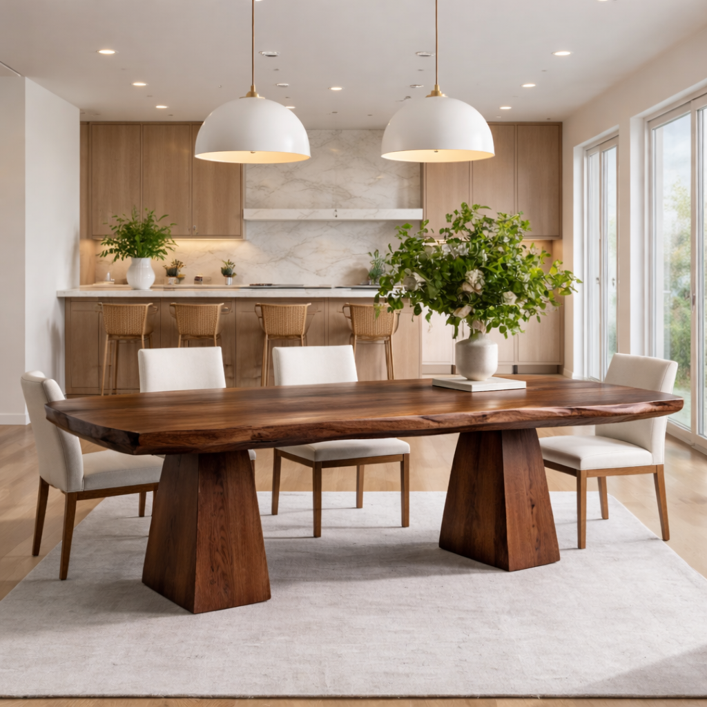 Solid Wood Live Edge Dining Table with Pedestal Base – Rustic Modern Dining Table