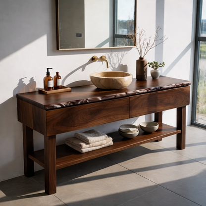 Solid Wood Bathroom Vanity with Live Edge Top and Open Shelf – Rustic Modern Vanity Cabinet