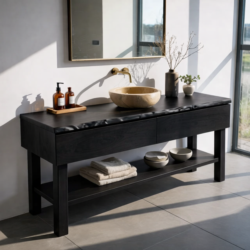Solid Wood Bathroom Vanity with Live Edge Top and Open Shelf – Rustic Modern Vanity Cabinet
