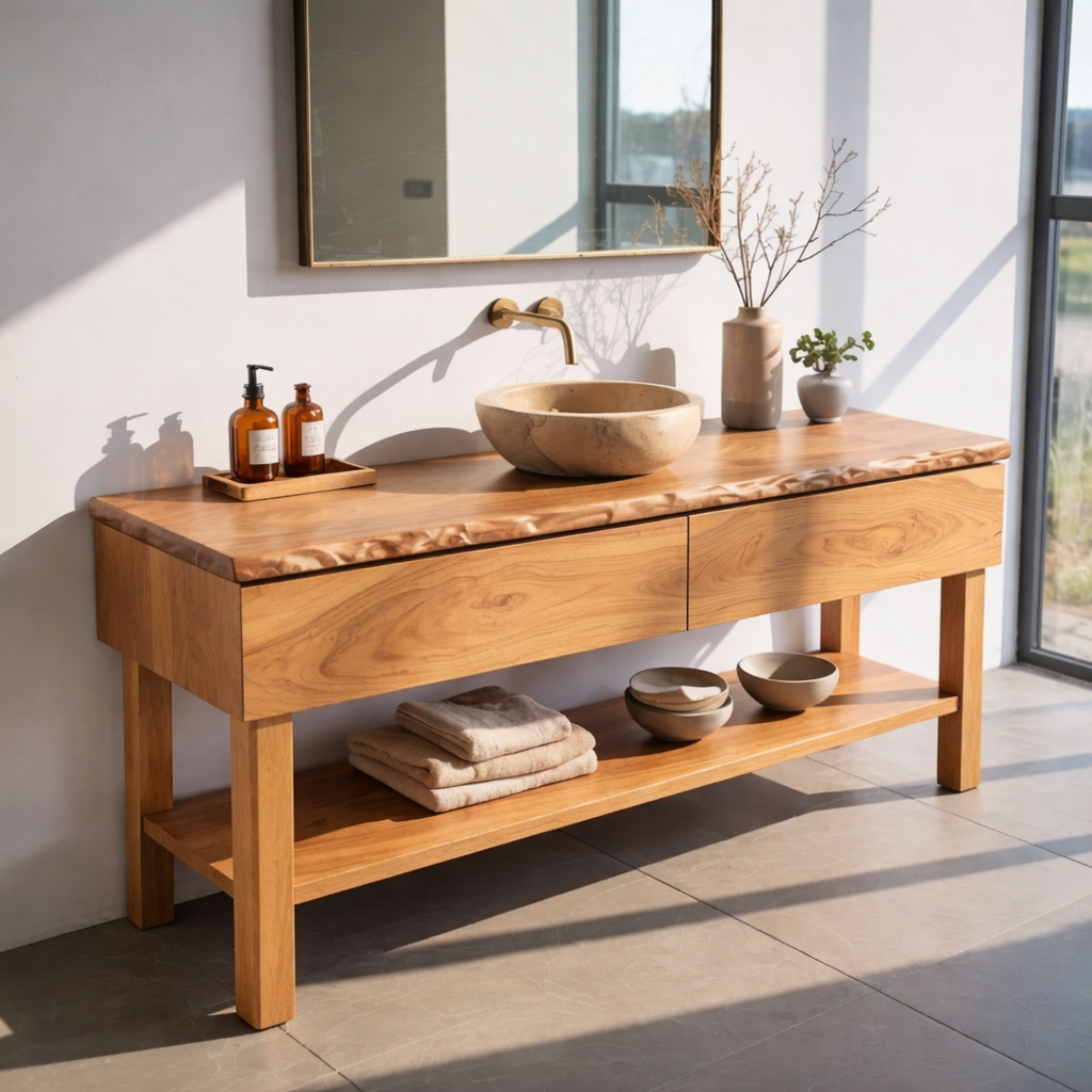 Solid Wood Bathroom Vanity with Live Edge Top and Open Shelf – Rustic Modern Vanity Cabinet