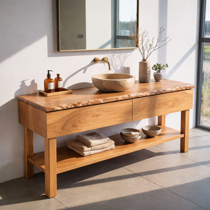 Solid Wood Bathroom Vanity with Live Edge Top and Open Shelf – Rustic Modern Vanity Cabinet