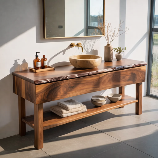 Solid Wood Bathroom Vanity with Live Edge Top and Open Shelf – Rustic Modern Vanity Cabinet
