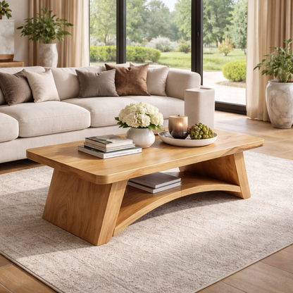 Solid Wood Coffee Table with Sculpted Base and Open Shelf – Rustic Modern Living Room Table