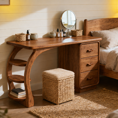 Solid Wood Makeup Vanity Desk with Curved Side Shelves and Drawer Storage
