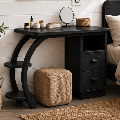 Solid Wood Makeup Vanity Desk with Curved Frame and Drawer Storage