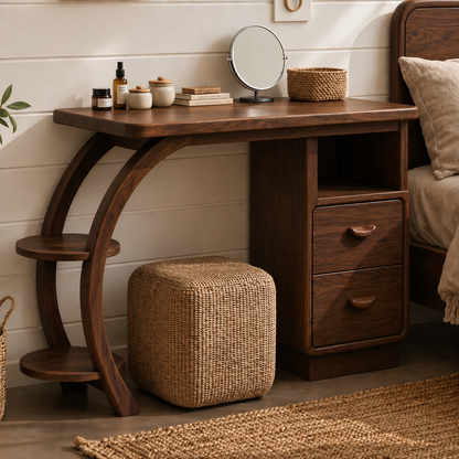 Solid Wood Makeup Vanity Desk with Curved Frame and Drawer Storage
