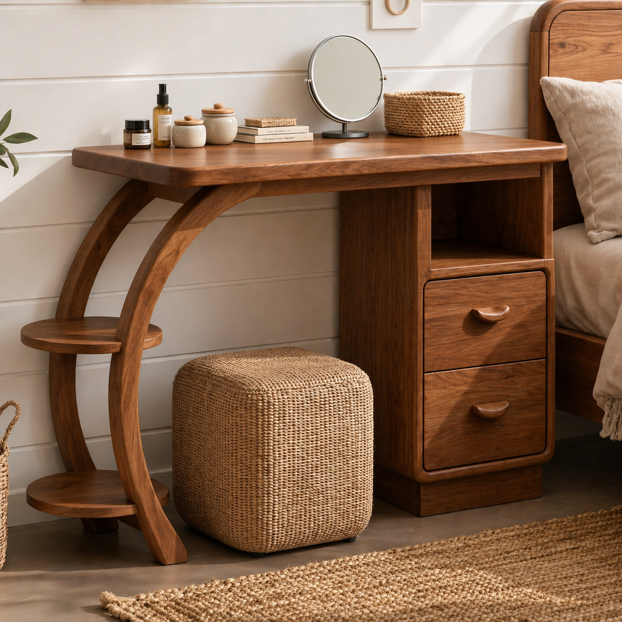 Solid Wood Makeup Vanity Desk with Curved Frame and Drawer Storage