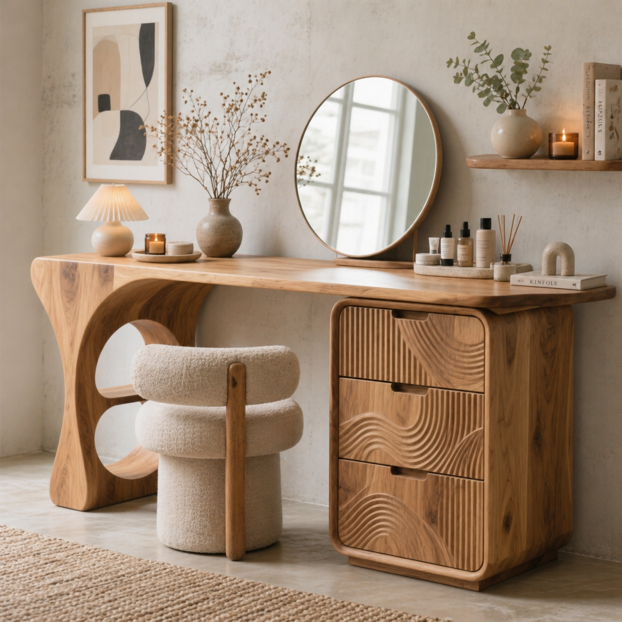 Solid Wood Makeup Vanity Desk with Sculptural Base and Carved Drawer Fronts