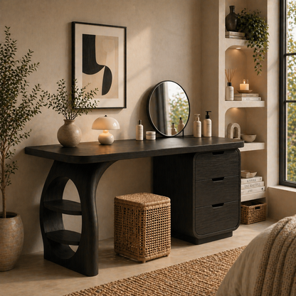 Solid Wood Makeup Vanity Desk with Sculptural Base and Drawer Storage