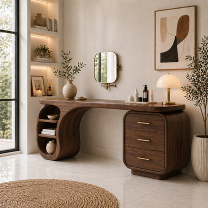 Solid Wood Makeup Vanity Desk with Sculptural Curved Base and Drawer Storage