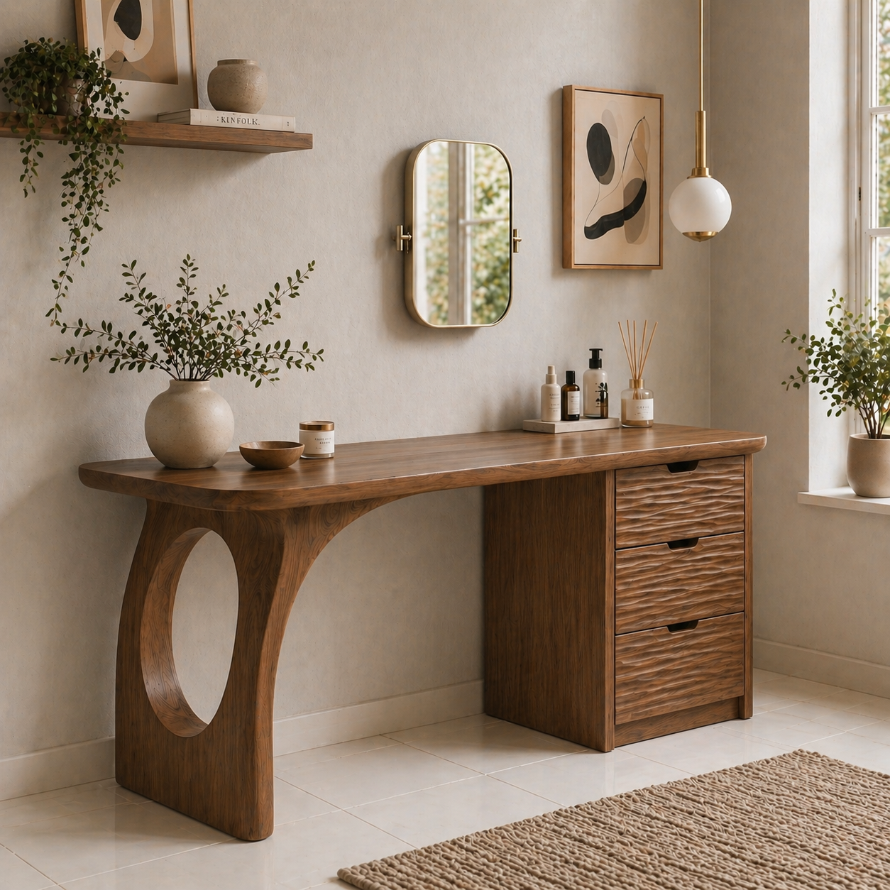 Solid Wood Makeup Vanity Desk with Sculptural Base and Textured Drawers