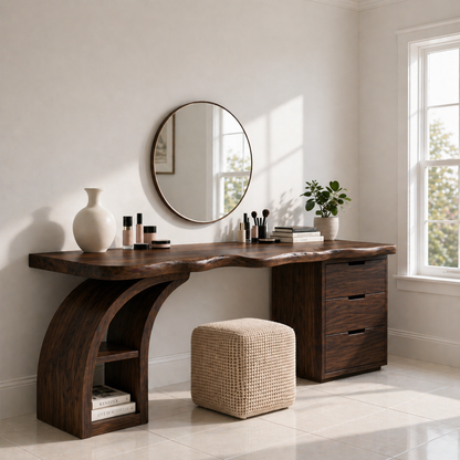 Solid Wood Makeup Vanity Desk with Live Edge Top and Curved Sculptural Base