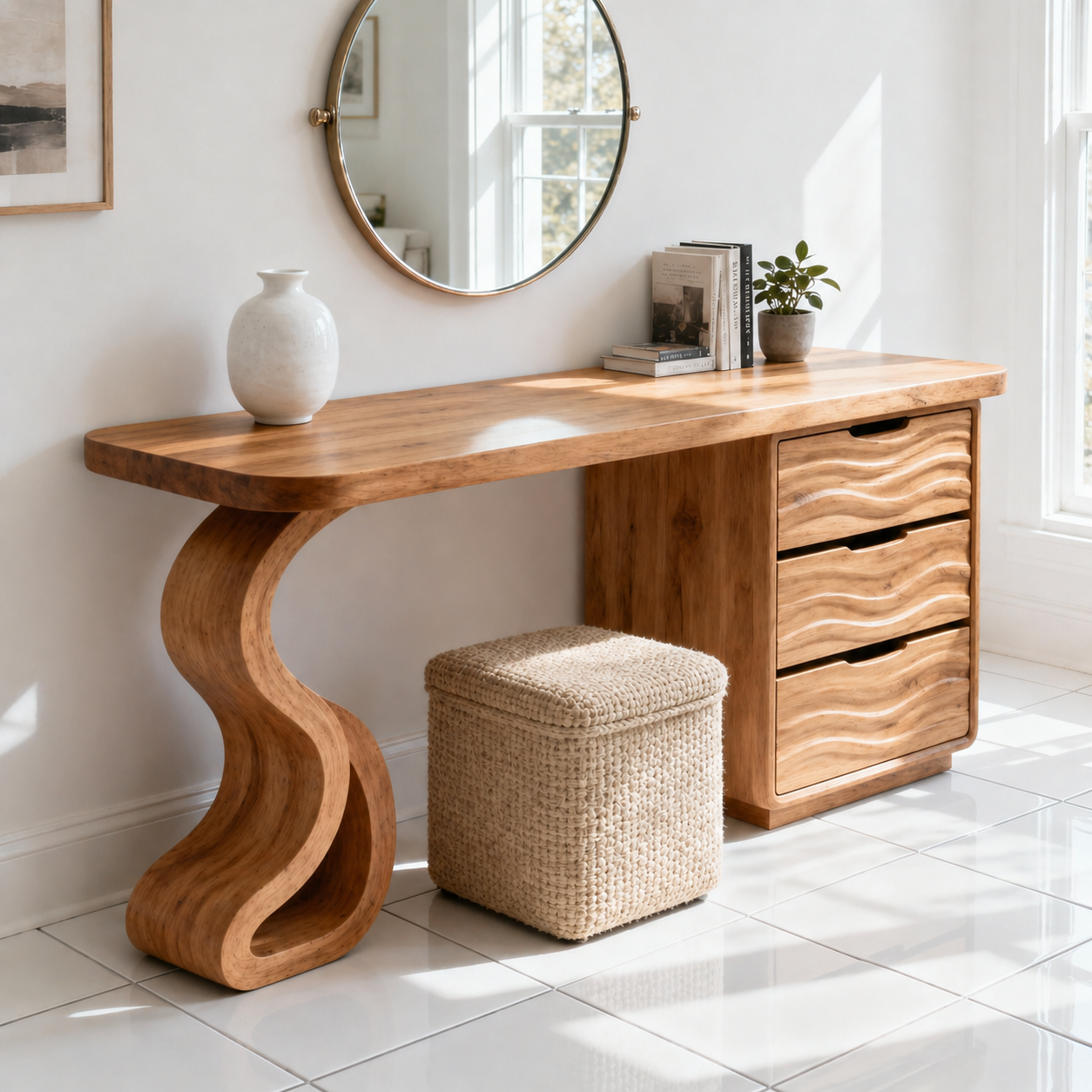 Solid Wood Makeup Vanity Desk with Wave Drawers and Sculptural Curved Base