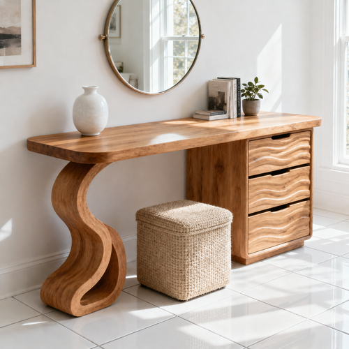 Solid Wood Makeup Vanity Desk with Wave Drawers and Sculptural Curved Base