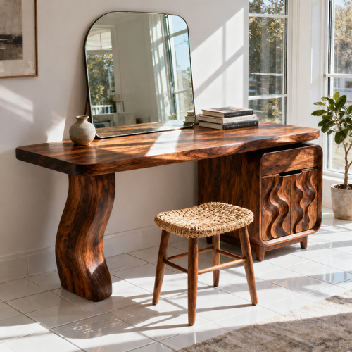 Luxury Solid Wood Makeup Vanity Desk with Sculptural Base and Wave Door Cabinet
