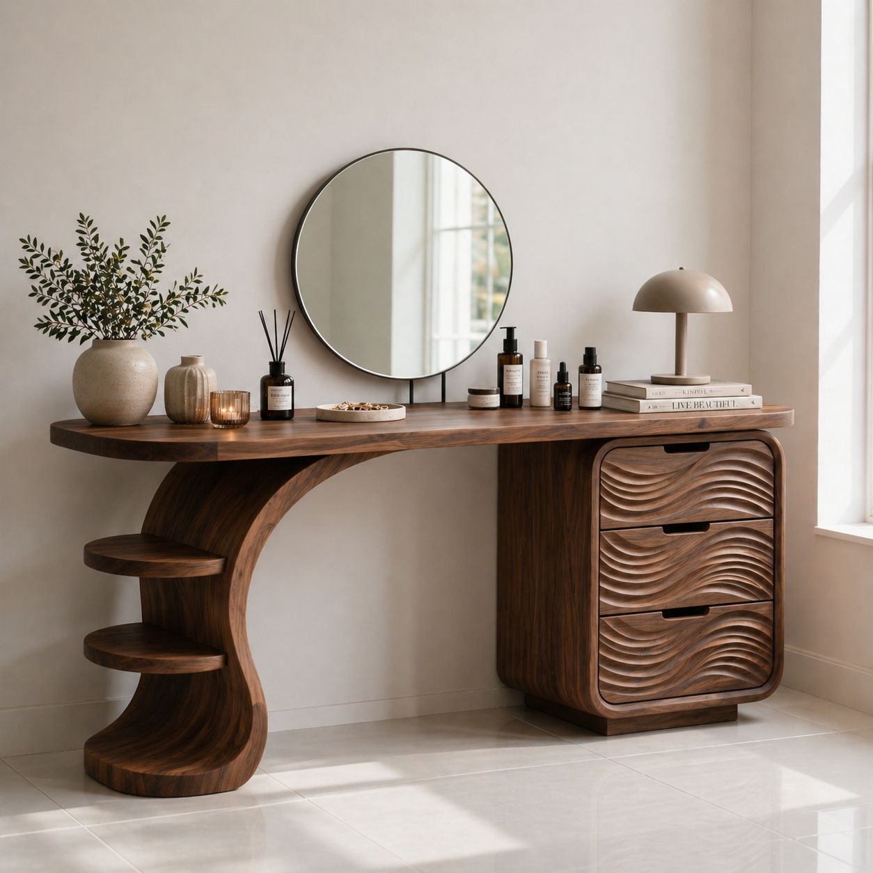 Solid Wood Makeup Vanity Desk with Wave Drawers and Curved Sculptural Base