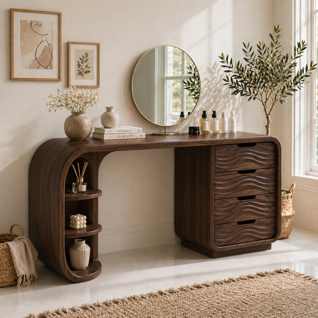 Solid Wood Makeup Vanity Desk with Curved Shelf Base and Wave Drawer Storage