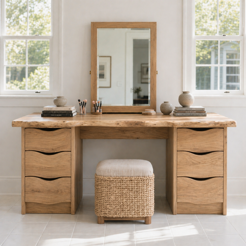 Large Solid Wood Makeup Vanity Desk with Double Drawer Storage and Live Edge Top