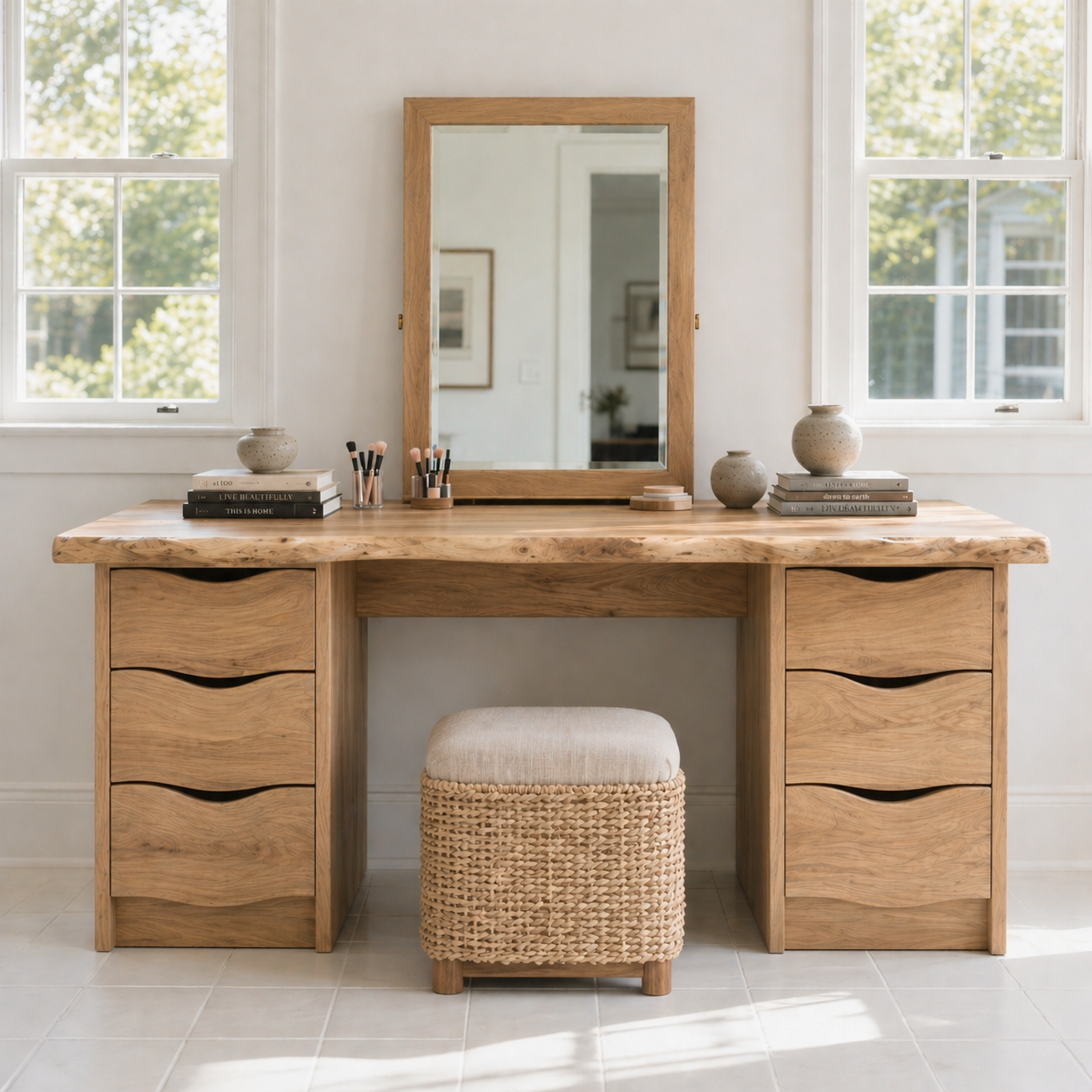 Large Solid Wood Makeup Vanity Desk with Double Drawer Storage and Live Edge Top