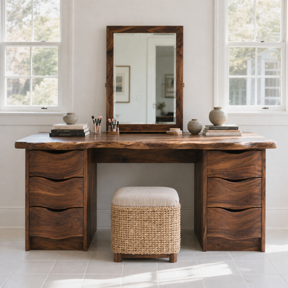 Large Solid Wood Makeup Vanity Desk with Double Drawer Storage and Live Edge Top
