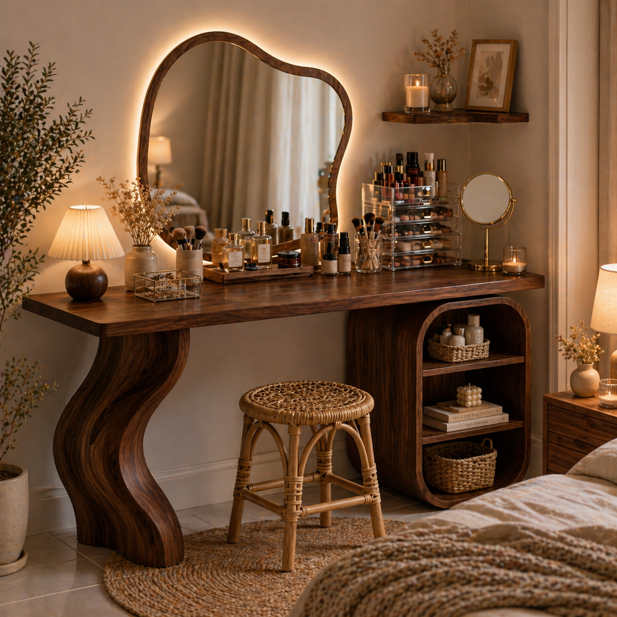 Solid Wood Makeup Vanity with Curved Leg and Open Shelf Storage
