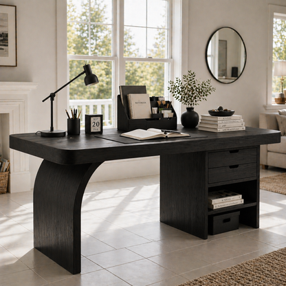 Solid Wood Study Desk with Curved Leg, Drawers and Open Shelf Storage