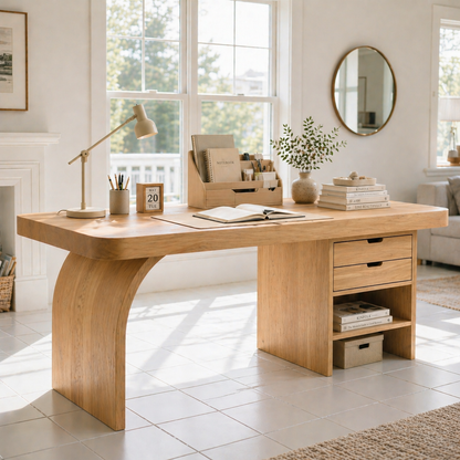 Solid Wood Study Desk with Curved Leg, Drawers and Open Shelf Storage