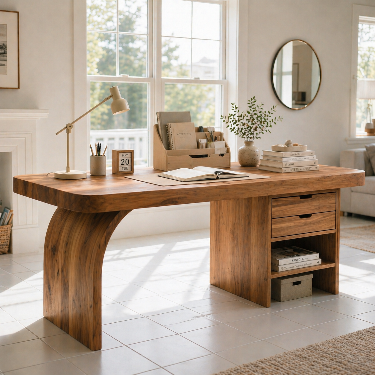 Solid Wood Study Desk with Curved Leg, Drawers and Open Shelf Storage
