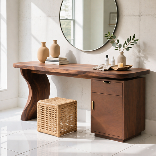 Solid Wood Makeup Vanity with Curved Base and Drawer Cabinet Storage