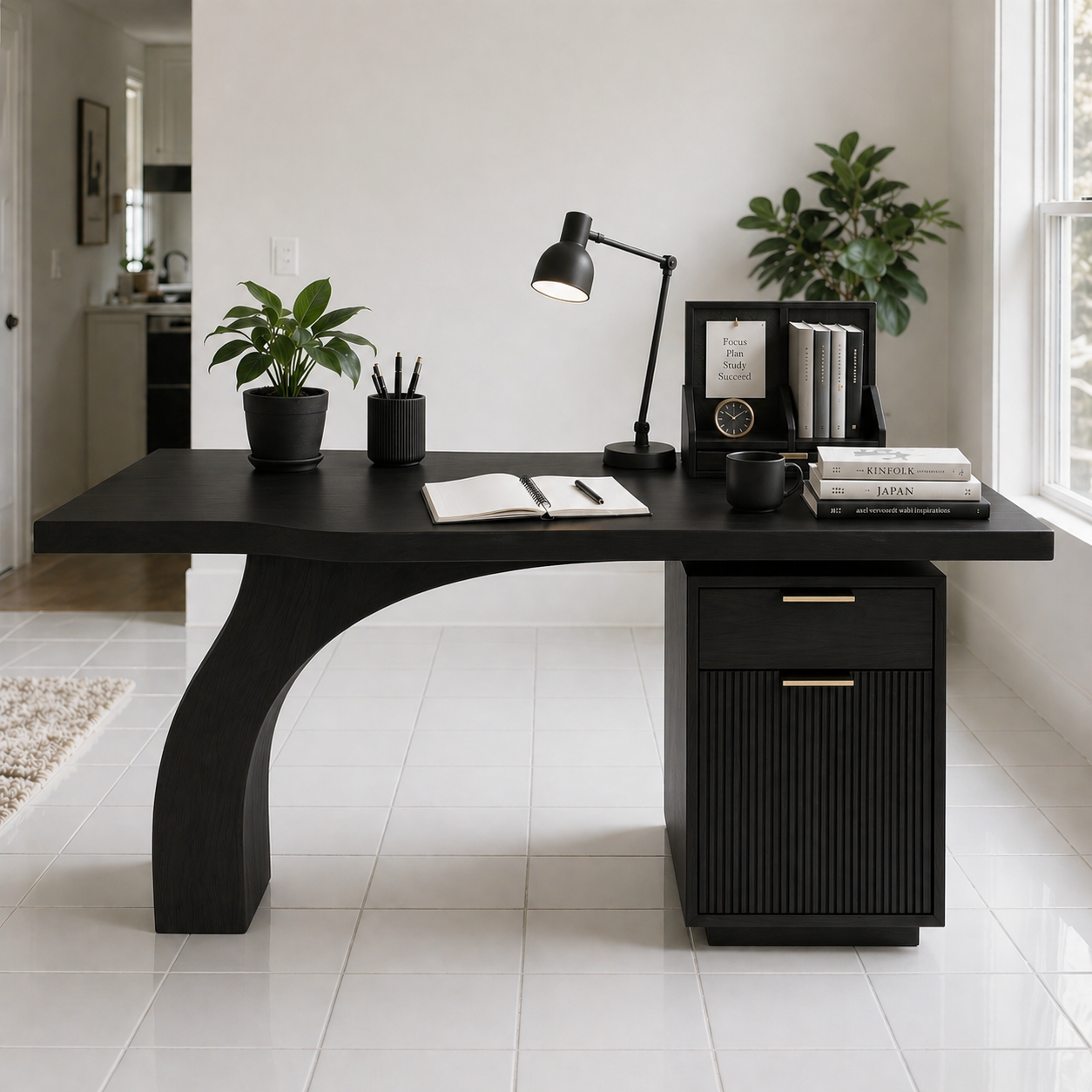 Solid Wood Study Desk with Curved Leg and Drawer Cabinet Storage