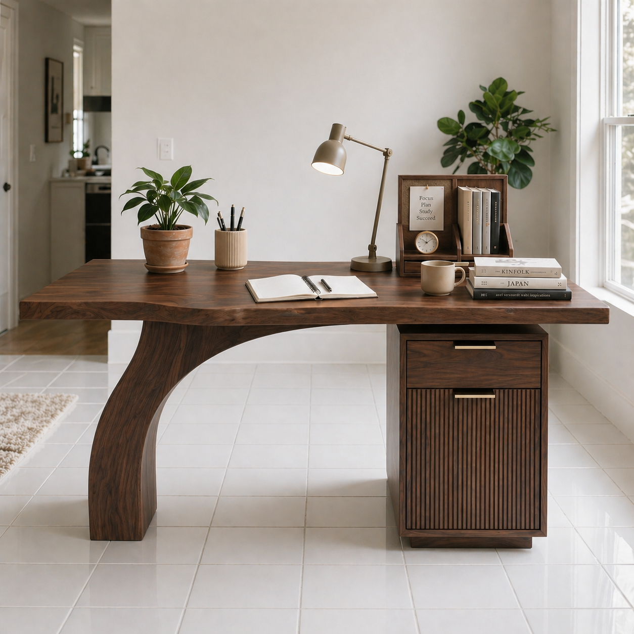 Solid Wood Study Desk with Curved Leg and Drawer Cabinet Storage