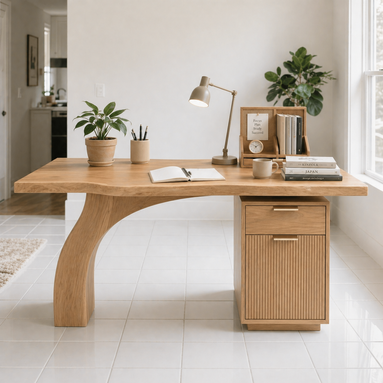 Solid Wood Study Desk with Curved Leg and Drawer Cabinet Storage