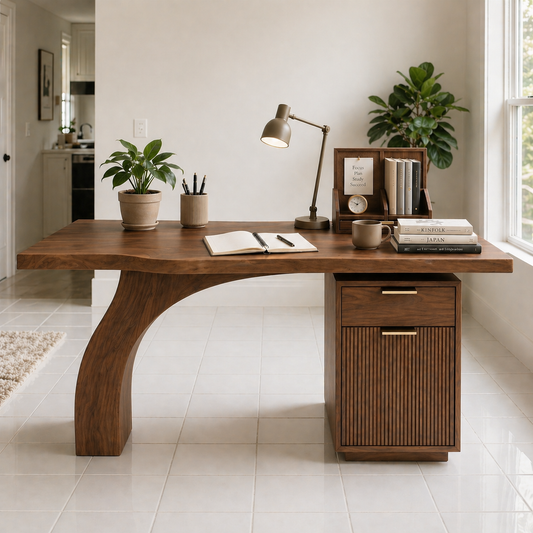 Solid Wood Study Desk with Curved Leg and Drawer Cabinet Storage