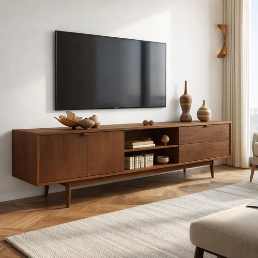 Mid-Century Solid Wood TV Stand with Cabinets and Open Shelf – Modern Media Console