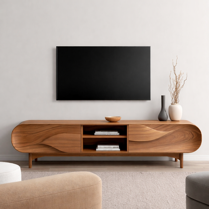 Solid Wood TV Stand with Sculpted Wave Front – Modern Walnut Media Console