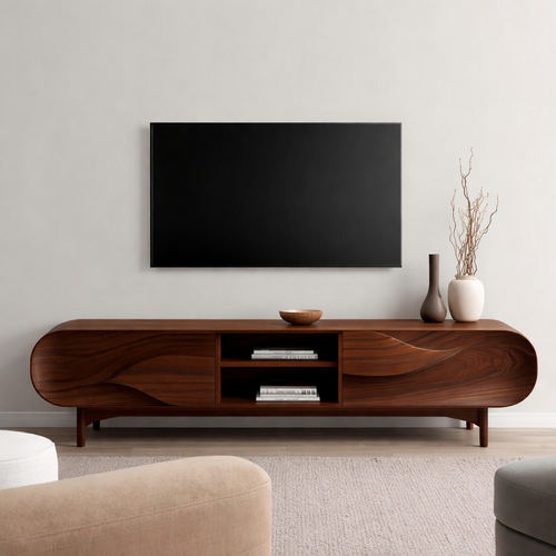 Solid Wood TV Stand with Sculpted Wave Front – Modern Walnut Media Console