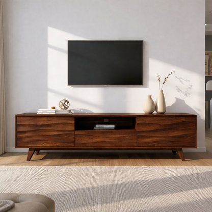Solid Wood TV Stand with Wave Pattern Doors – Modern Rustic Media Console