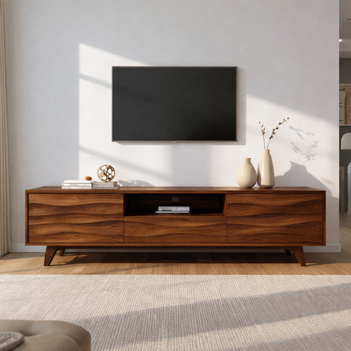 Solid Wood TV Stand with Wave Pattern Doors – Modern Rustic Media Console