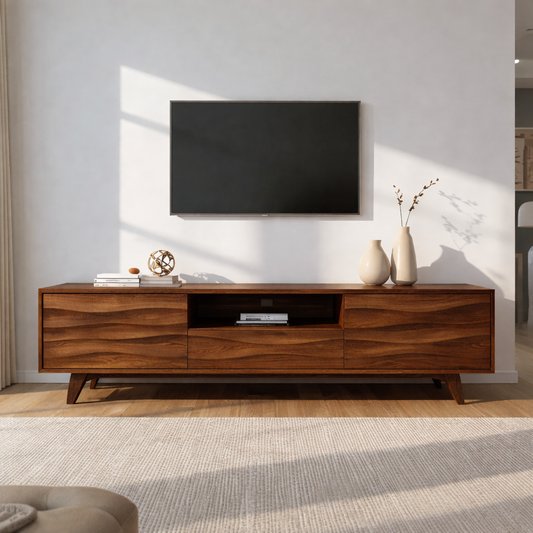 Solid Wood TV Stand with Wave Pattern Doors – Modern Rustic Media Console