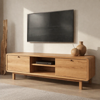Minimalist Solid Wood TV Stand with Sliding Doors – Modern Rustic Media Console